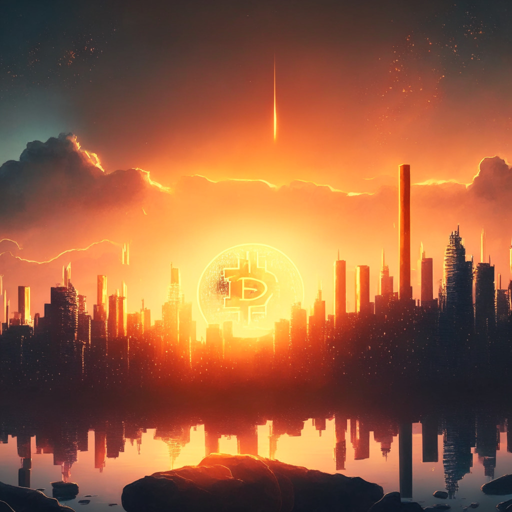 Ethereal sunset over Bitcoin city, financial uncertainty in the air, doji and hammer candles illuminating optimism, a hidden bullish divergence looming, dramatic contrasts of light, 26k crucial support level in foreground, mood of hope and resilience, market dynamics in motion, no brands/logos.
