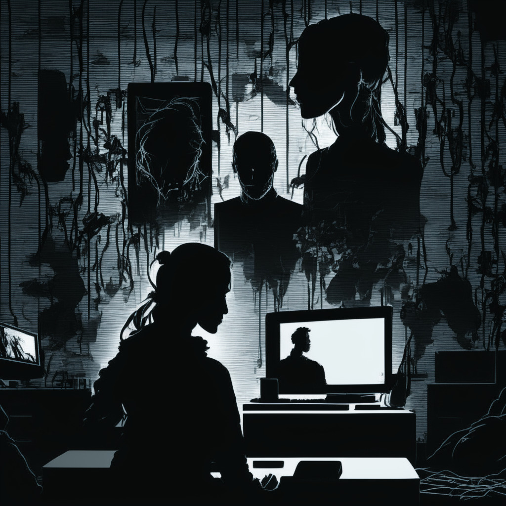 Cybersecurity criminal in a dark room, deft contrast lighting, blockchain imagery in the background, tense atmosphere, victims' faces portraying distress, abstract portrayal of digital currencies, smokescreen of vulnerability, intricate line art, chiaroscuro-style shadows, balancing scales representing adoption & security.