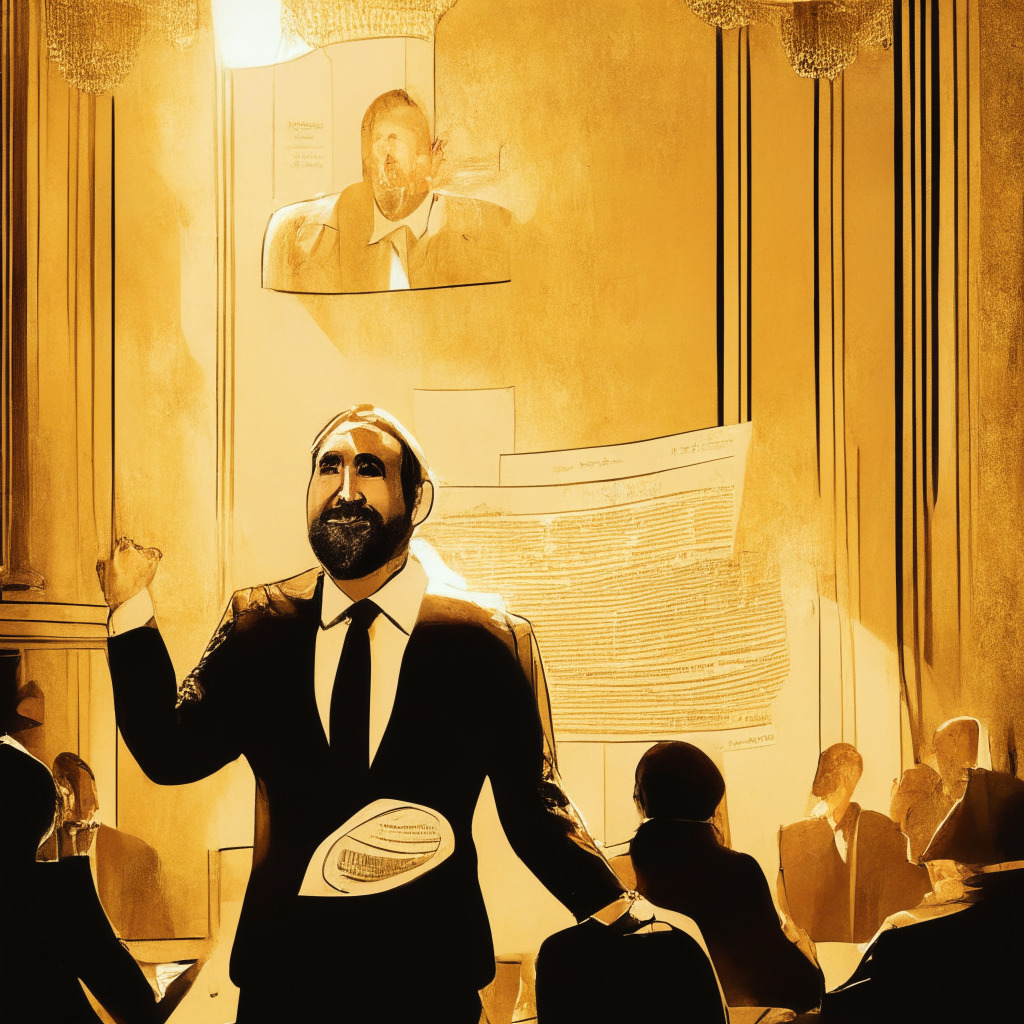 Golden-hued courtroom walls with vintage accents, Ripple CEO Brad Garlinghouse triumphantly holding up Hinman documents, XRP price chart with potential surge and cup-handle pattern, luminescent aura enveloping courtroom, a subtle balance of shadows and light, mood of anticipation and cautious optimism.