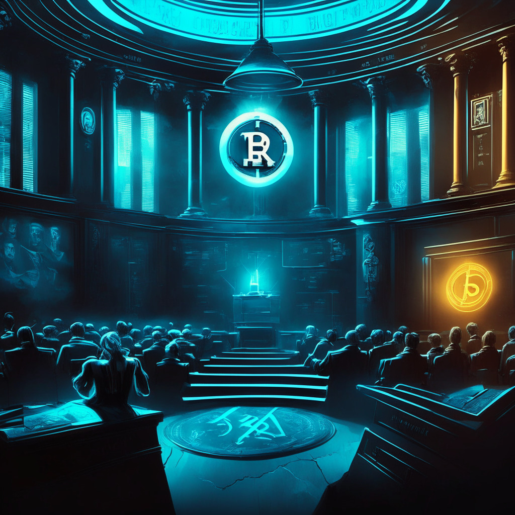 Cryptocurrency courtroom, Ripple vs SEC, dramatic lighting, balance scale, legal documents, Hinman speech, XRP coin, tense atmosphere, contrast of hope and uncertainty, intense expressions, hints of revelation, no logos or brands, surreal art style, desaturated colors.