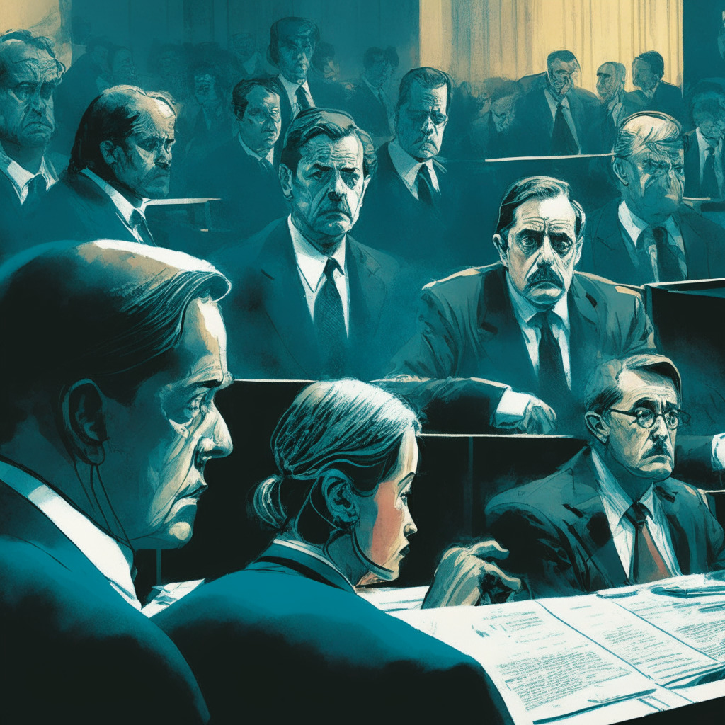 Intricate courtroom scene, Ripple executives and SEC officials, tense atmosphere, chiaroscuro lighting, detailed facial expressions of concern and determination, documents depicting Hinman emails, hazy background representing uncertainty, cool color palette reflecting legal debate, subtle contrast between Ripple and SEC stances.