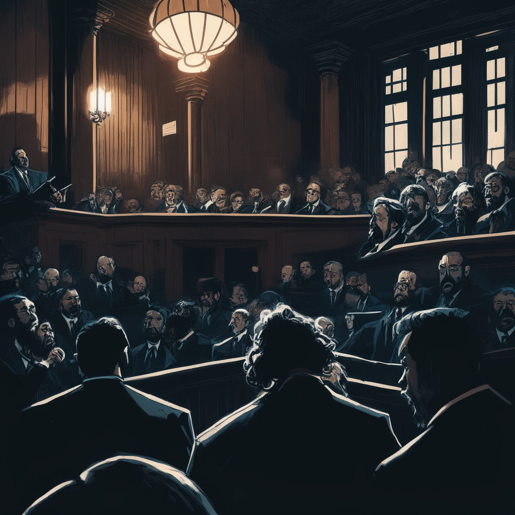 A dimly lit courtroom scene, intricate Baroque-style, tension-filled atmosphere, Ripple's legal chief passionately arguing, scattered documents revealing Hinman Speech inconsistencies, concerned crypto enthusiasts observing, a reflection of the ongoing XRP lawsuit, a mix of confusion & uncertainty in the air, hinting at the volatile nature of cryptocurrency regulations.