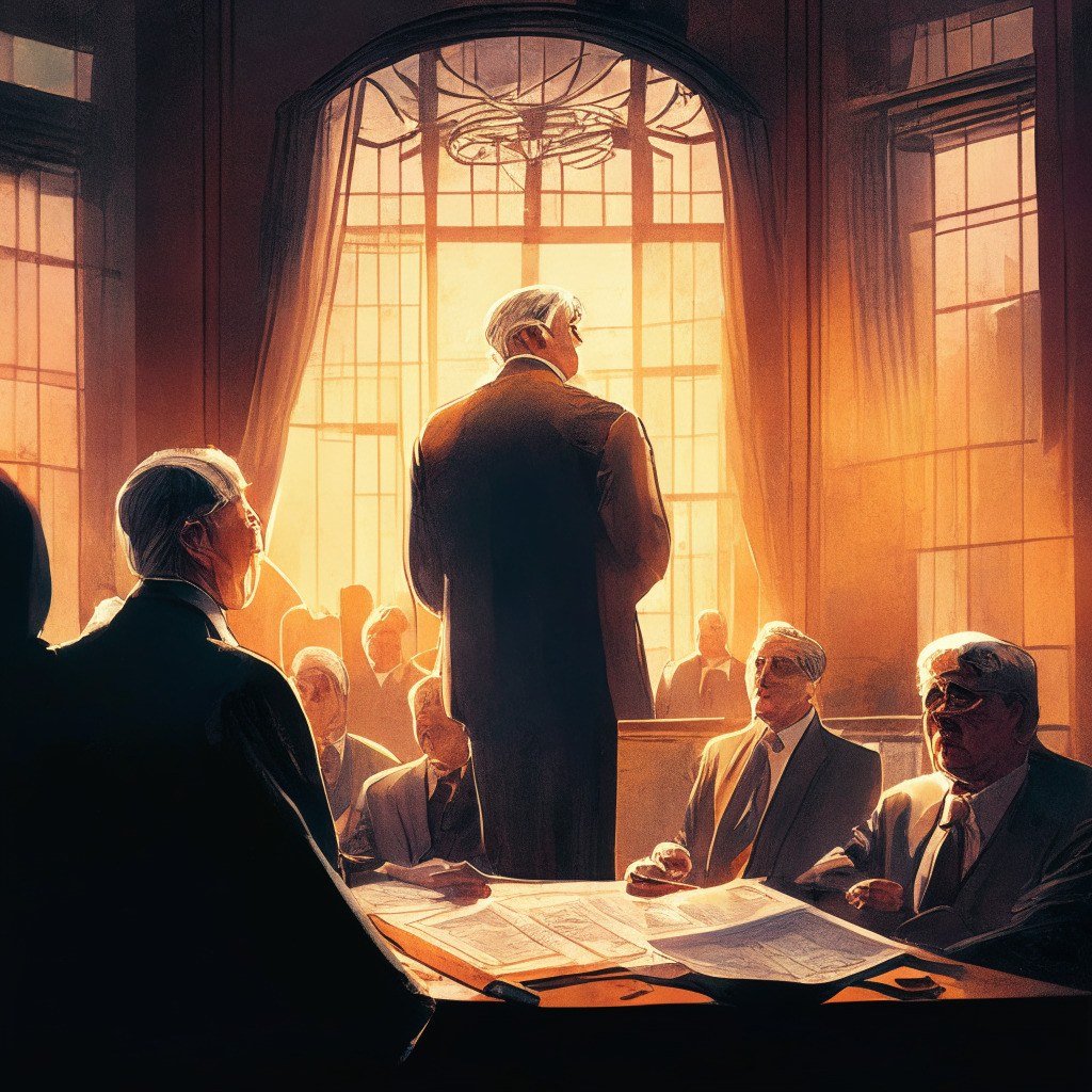 Dramatic courtroom scene, former SEC director Bill Hinman center stage with speech documents in hand, SEC and Ripple representatives looking at him intently, soft sunset light casting through a window, Baroque style details, tense and hopeful atmosphere, focus on crypto regulations future.