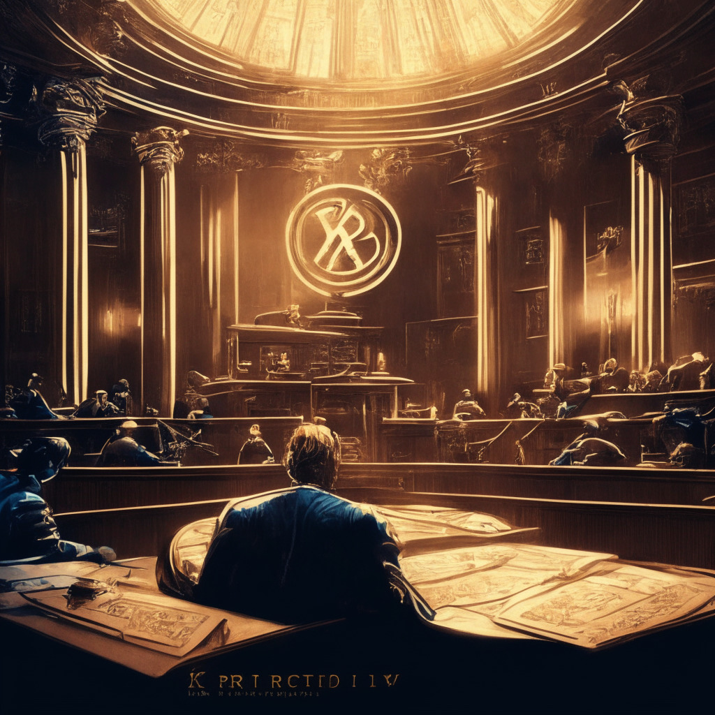 Intricate courtroom scene, XRP coin, legal documents, hint of hope, classical art style, warm lighting, balance scale, thoughtful mood, intense debate, Ripple logo, precedents-setting implications, contrasting outcomes, uncertainty, cautious investors.