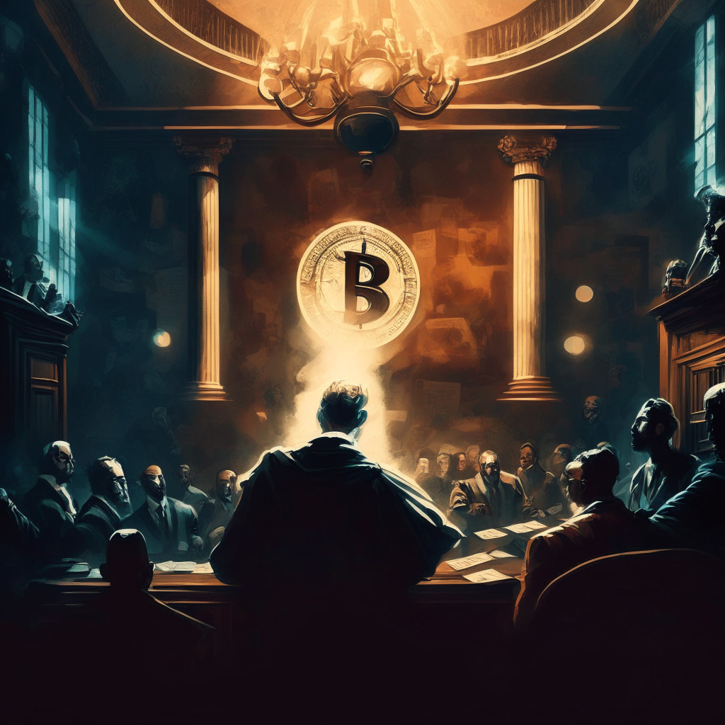 Cryptocurrency regulation struggle, Ripple vs SEC, dimly lit courtroom scene, baroque art style, intense dramatic atmosphere, contrasting shadows, ambiguous expressions on Ripple and SEC representatives, tension and uncertainty in the air, innovative and traditional symbols colliding.