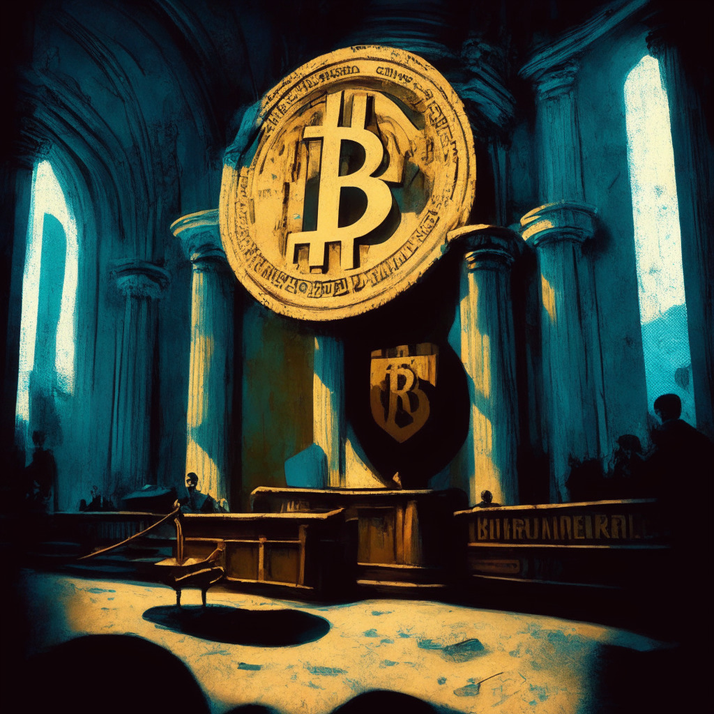 Cryptocurrency courtroom drama, subdued colors, spotlight on Ripple logo & SEC emblem, William Hinman's emails scattered, contrasting shadows symbolizing uncertainty, somber mood, balance between hope & despair, hints of regulatory change in the background, textured painting style.