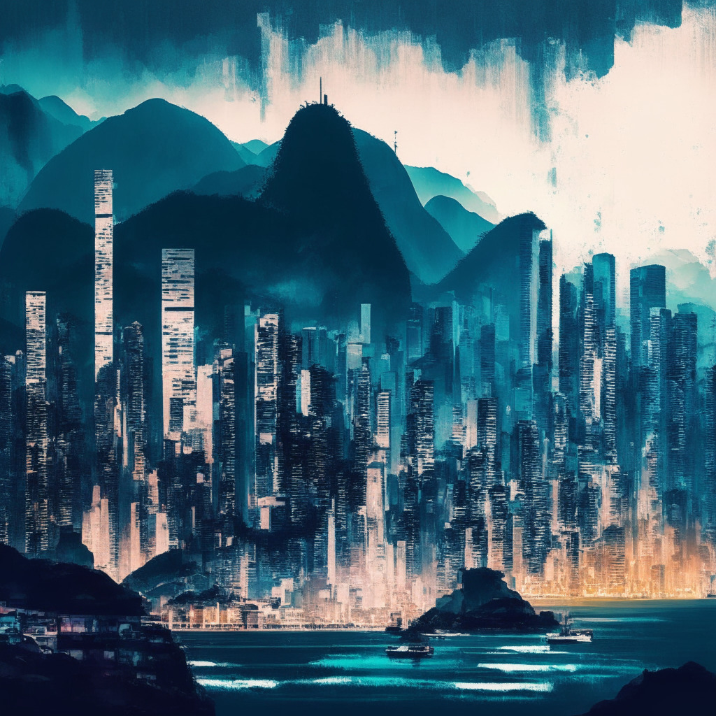 Hong Kong crypto landscape, chiaroscuro lighting, VASP licenses, investment commitment, balanced compliance & innovation, subtle cityscape, thriving exchange scene, brushstroke texture, possible entry barriers, transparent regulations, mood of focused ambition, shift towards regulatory oversight.