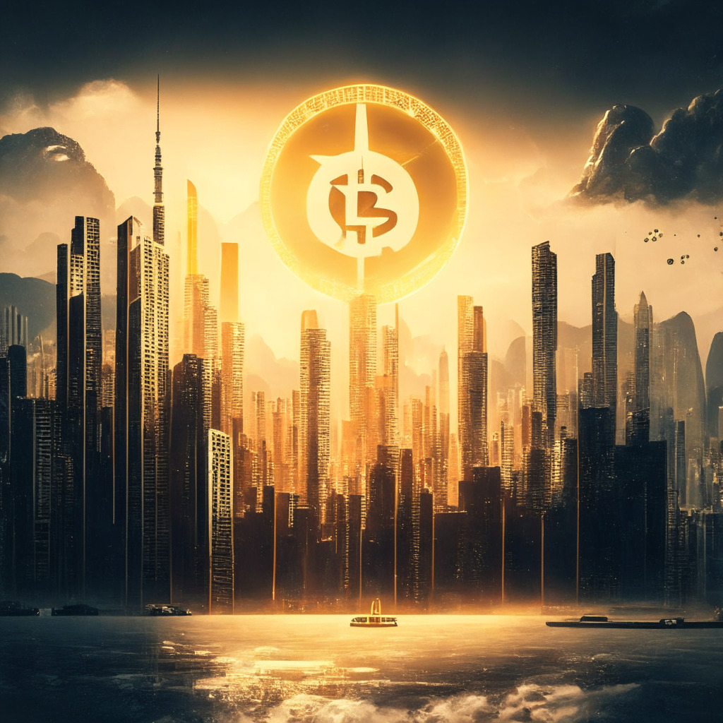 Hong Kong skyline with futuristic crypto symbols, Coinbase building, warm inviting golden light, tranquil yet dynamic atmosphere, crypto exchanges interacting harmoniously, dark looming clouds over a distant US, Hong Kong paving way as a crypto haven, flight of innovation, artistic blend of East-meets-West.