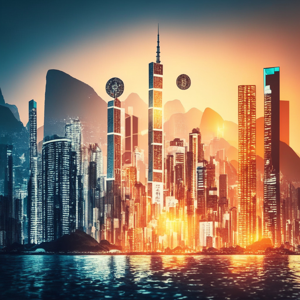 Hong Kong cityscape with glowing cryptocurrency symbols, bustling global trading activity, soft sunset lighting, elegant Art Deco style, a welcoming mood, crypto exchanges receiving official licenses, diverse international flags on skyscrapers, balance scale symbolizing innovation and regulation.