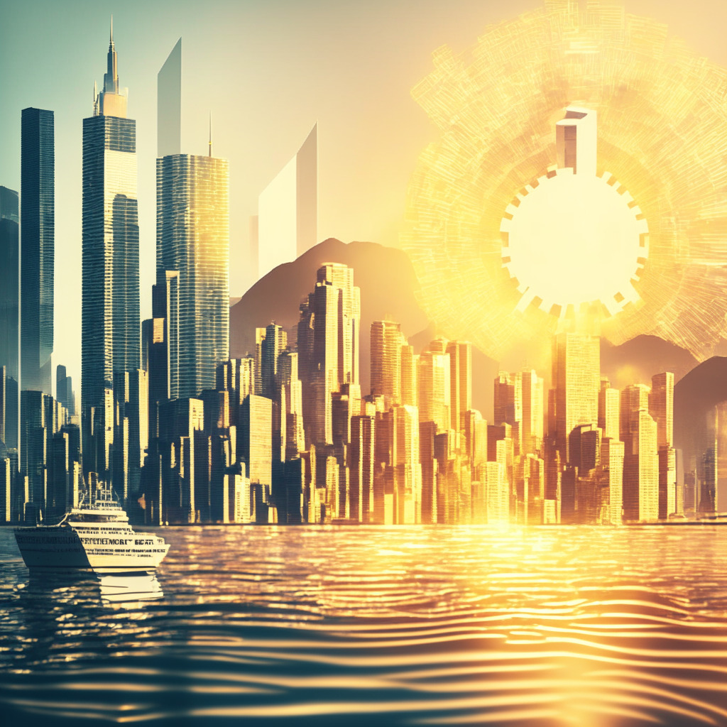 Hong Kong & US skyscrapers reflecting vibrant fintech scene, golden sun rays symbolizing progress by 2024, contrast between busy harbor & calm waters, digital tokens floating above cityscape, energetic bustling streets with Web 3.0 signs, regulators & investors holding a steadying scale, modern & vintage artistic fusion, cautious optimism, evolving crypto landscape.