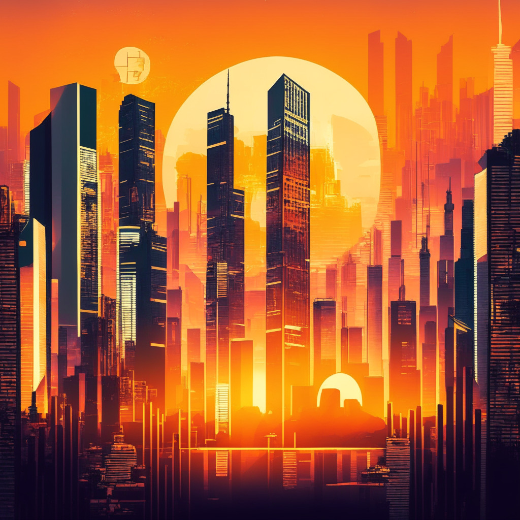 Hong Kong cityscape with crypto symbols, warm sunset colors, skyscrapers and futuristic tech elements, contrast of traditional banks & modern crypto exchanges, cautiously optimistic mood, balance between innovation and regulation, abstract representations of partnerships & compliance hurdles.