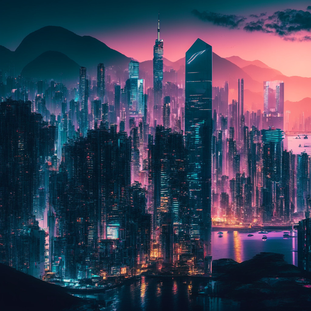 Futuristic Hong Kong cityscape at dusk, thriving crypto hub, key financial institutions, diverse retail investors, stringent regulations on virtual asset service providers, vibrant fintech ecosystem, contrasting cautious Asian markets, glow of innovation, mood of cautious optimism, shadow of China's influence.
