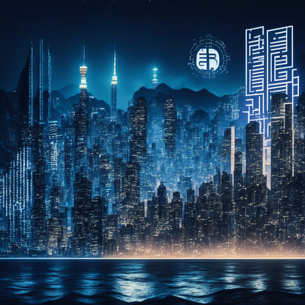 Hong Kong's digital asset hub dilemma, nighttime city skyline with contrasting lights, cryptocurrency symbols intricately woven amid traditional finance icons, legislation documents overshadowing scene, futuristically styled Web3 and blockchain elements, tension and uncertainty in atmosphere, a gateway to China subtly looming in the background.