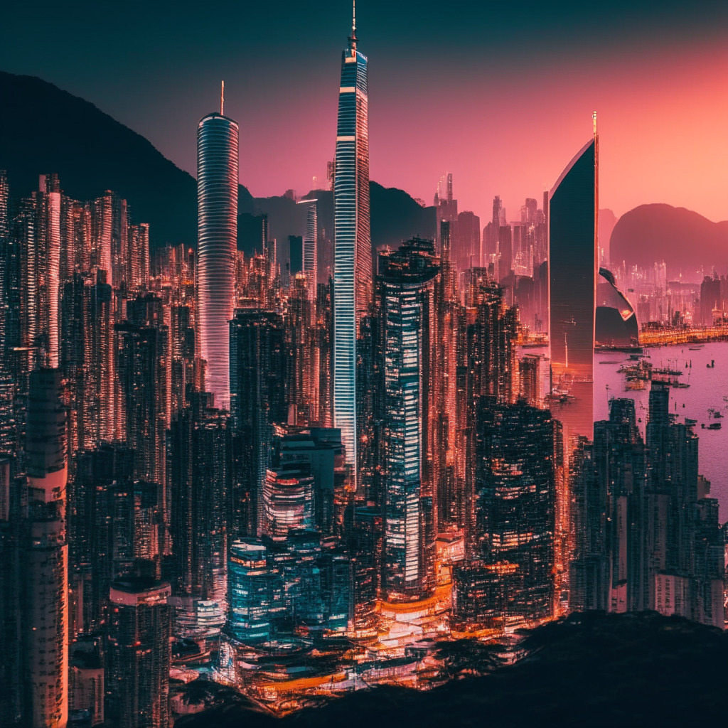 Hong Kong's emerging crypto hub, major banks' reluctance vs HKMA pressure, vibrant city skyline, dusk lighting with warm colors, hints of futuristic aesthetics, atmosphere of financial tension, traditional banks' cautious stance, crypto exchanges in the spotlight, walking a tightrope between opportunity and risk.