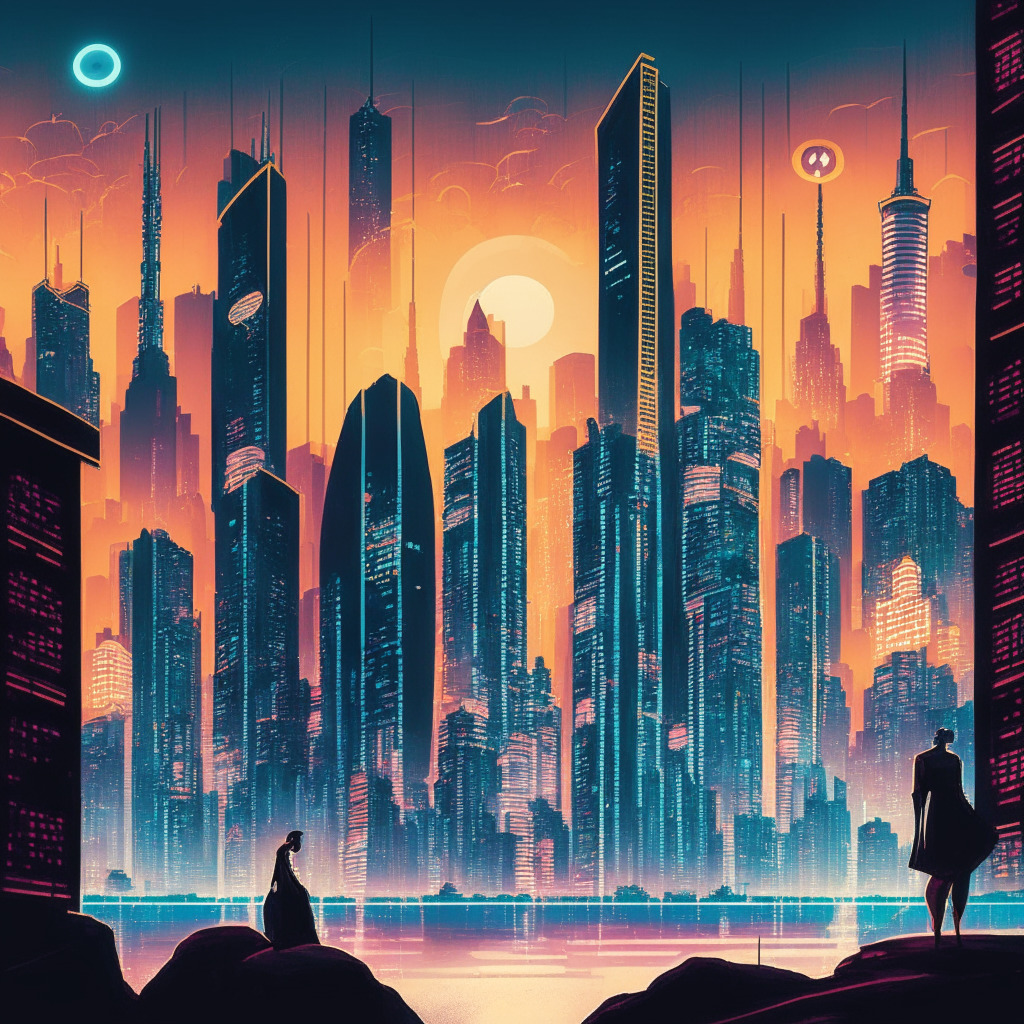 Hong Kong's Crypto Exploration: Futuristic cityscape with prominent skyscrapers, a bustling digital asset exchange, shifting light settings from dusk to dawn, invoking a mood of intrigue and anticipation. The scene features subtle Chinese motifs, glowing Web3 icons, and prominent institutions in the background, illustrating the evolving relationship with digital assets.