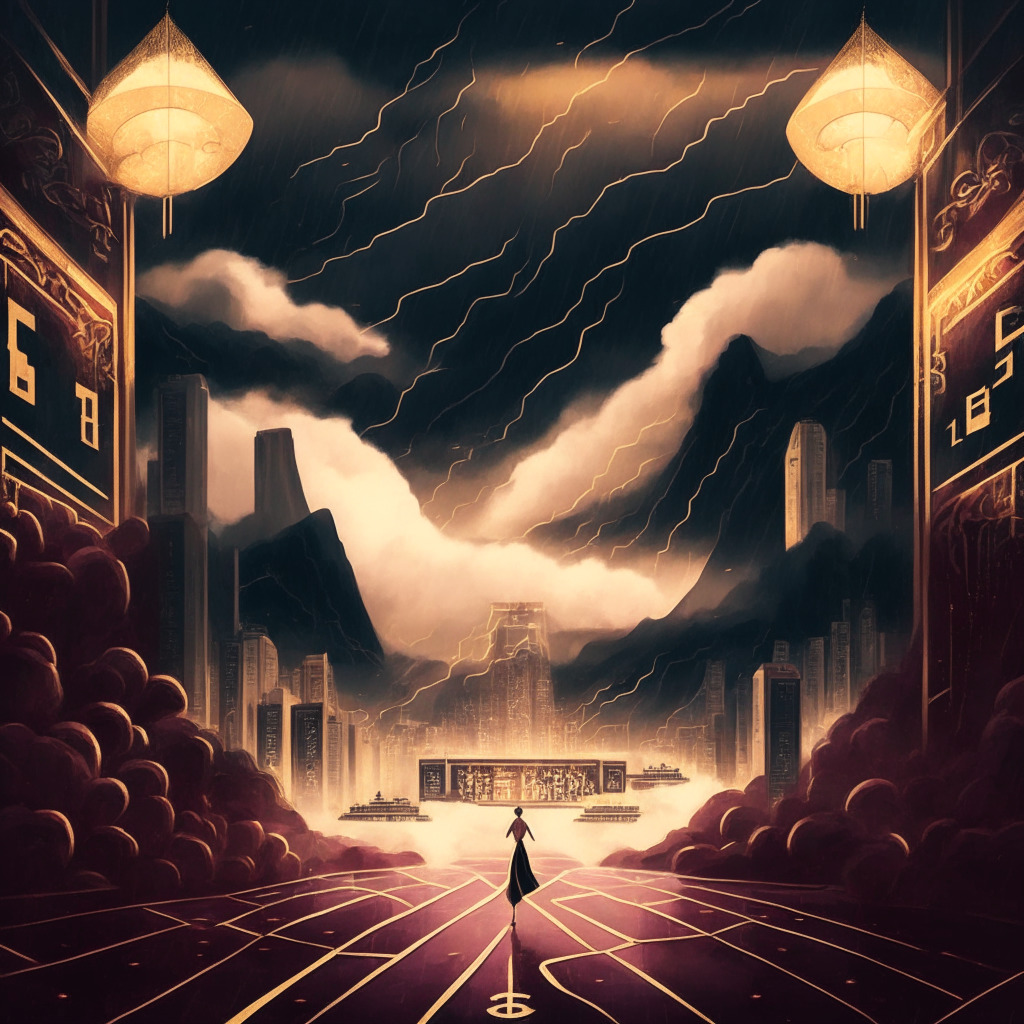 Hong Kong's crypto allure, elegant red carpet scene, Ethereum blockchain in the background, soft golden light, contrast with legal obstacles, dark storm clouds looming, a fusion of traditional and modern art styles, dynamic mood, mystery, and opportunity entwined. (328 characters)