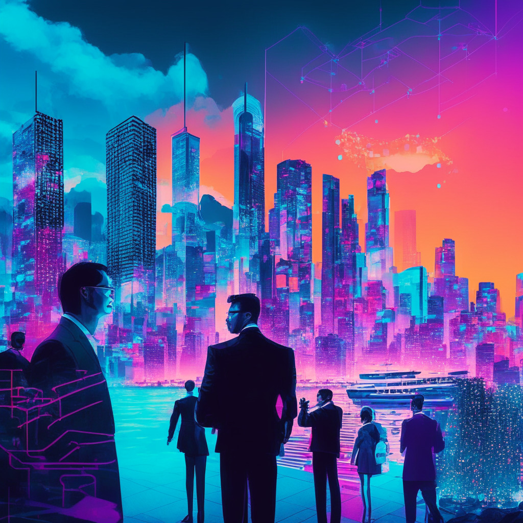 Hong Kong digital hub at dusk, vibrant colors, futuristic skyline, government officials discussing crypto, blockchain technology in the background, glowing holographic Web3, innovative businesses collaborating, air of optimism, balanced by cautionary undertone, artistic blend of modern and traditional styles.