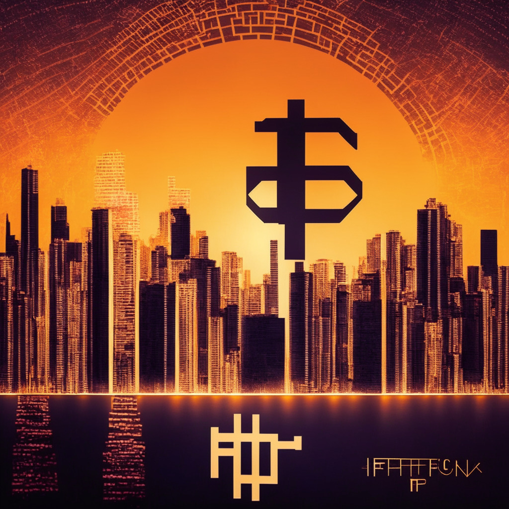 Hong Kong financial skyline at dusk, Bitcoin logo emerging from sky, contrasting warm and cool colors, elegant brush strokes, glowing spot ETF text, optimistic atmosphere, delicate balance between innovation and regulation, geometric patterns symbolizing growth and progress, subtle reflection of US map in background.