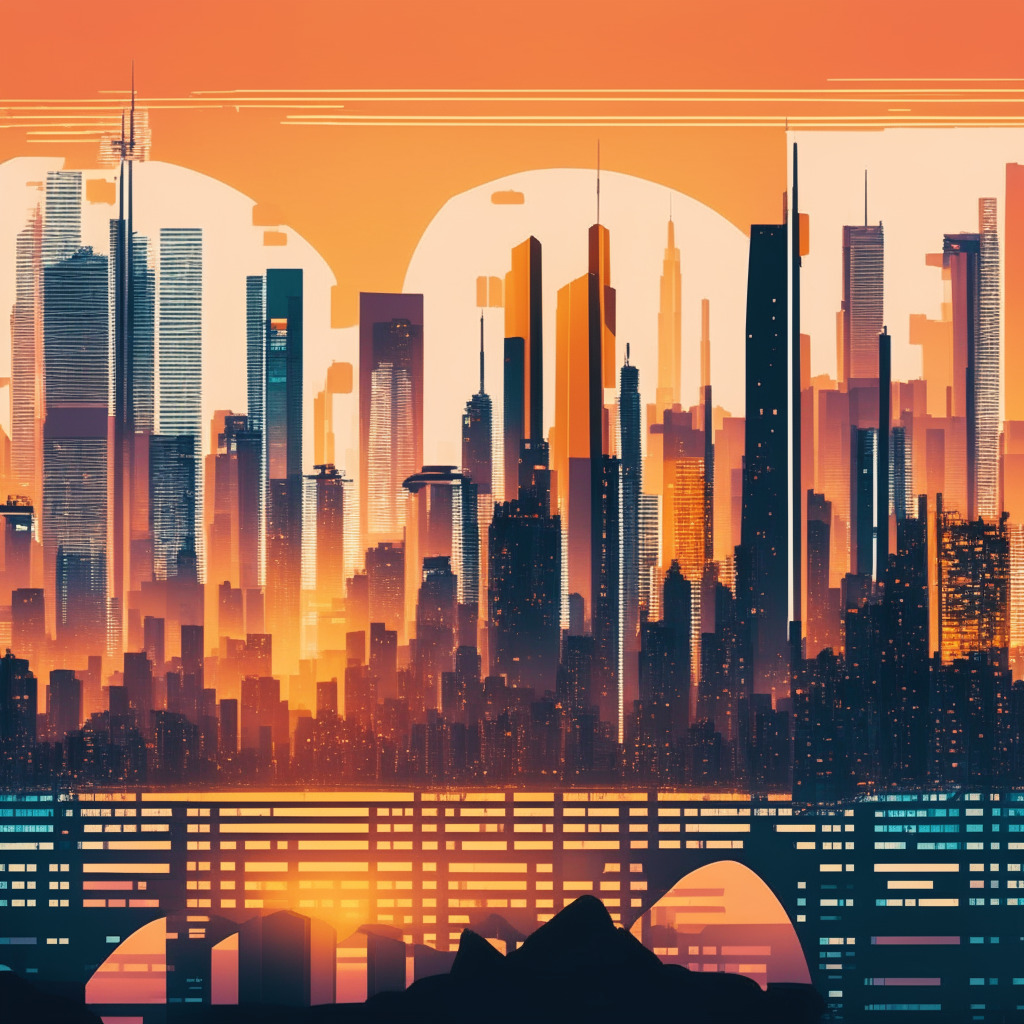 Hong Kong skyline with crypto exchange platforms on digital screens, dusk setting, warm colors, abstract geometric patterns, collaborative atmosphere. City in the background symbolizing growth and innovation, digital currencies floating above, a bridge connecting regulators and market players, air of optimism and cooperation. (349 characters)
