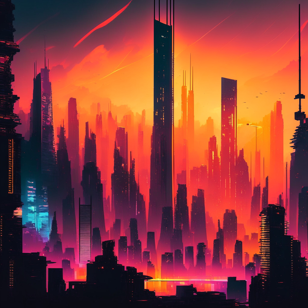 Hong Kong skyline at dusk, futuristic digital city, vibrant and dynamic atmosphere, silhouettes of skyscrapers, glowing neon lights, abstract crypto symbols floating in the air, a blend of impressionist and cyberpunk styles, soft golden light from a setting sun, hints of uncertainty and anticipation in the mood.