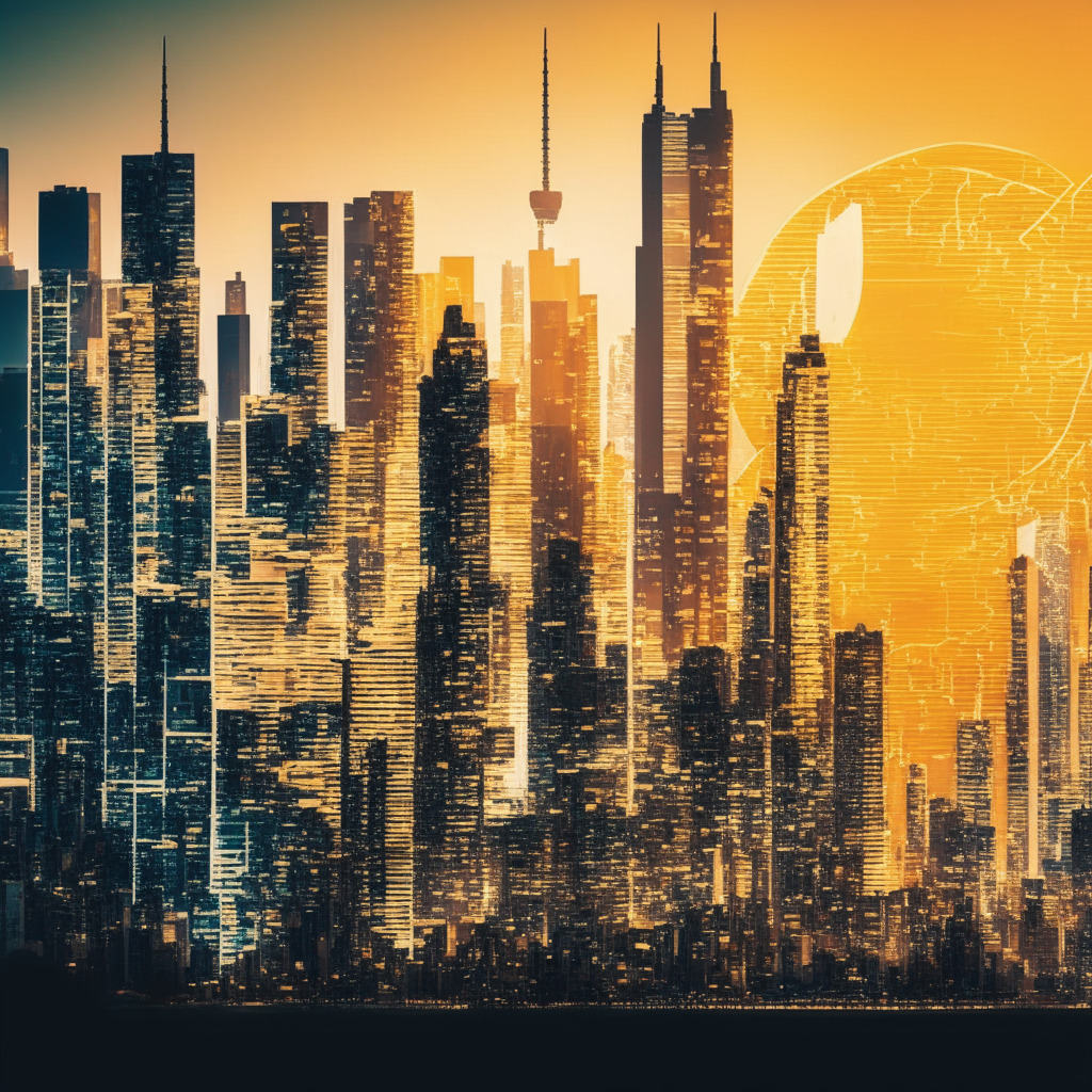 Intricate skyline of Hong Kong amidst crypto buzz, futuristic fintech district, dynamic colors representing innovation, soft golden light illuminating the city, contrast of old-world banks & modern crypto exchanges, welcoming atmosphere, sleek & stylish, modern art fusion, mysterious undertones of international interference, hopeful mood for global impact.