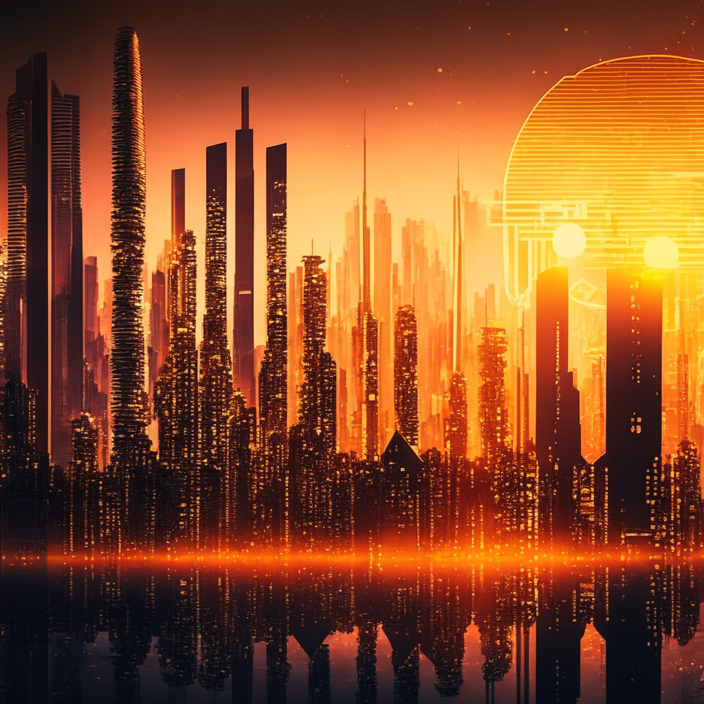 Hong Kong cityscape at dusk, futuristic skyline, shimmering digital currency symbols floating, soft golden glow from setting sun, sophisticated atmosphere, contrast US crackdown & Asian growth, abstract crypto hub representation, dynamic & forward-looking mood, intricate patterns of data flow.