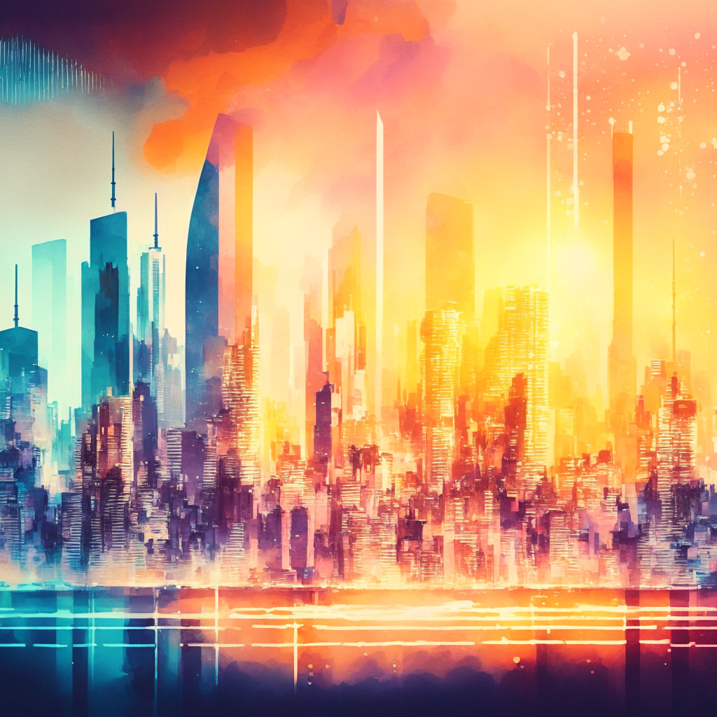 Futuristic city skyline with Hong Kong financial district backdrop, digital currency symbols like BTC & ETH hovering, radiant index chart glowing, Monet-inspired watercolor style, sunset lighting reflecting dynamic crypto market, optimistic yet cautious mood, hint of regulatory concern.