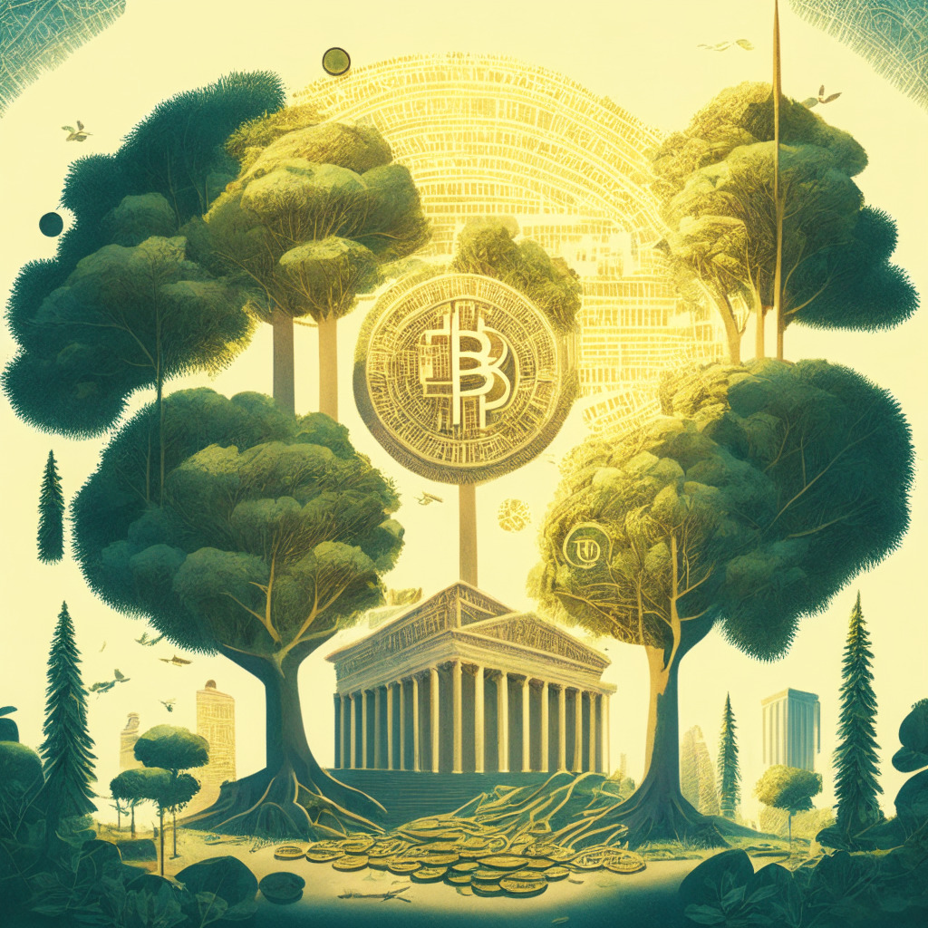 Sunlit financial landscape with intertwined crypto and stock elements, harmonious blend of traditional and digital, serene mood. Features US Treasury building, Bitcoin and Ethereum, subtle symbols of T-bills and TGA balances, lush growth and flourishing trees depict market resilience and optimism.