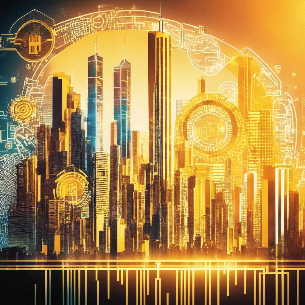 Crypto exchange seeking Hong Kong license, futuristic cityscape with an iconic Hong Kong skyline, soft golden light illuminating the scene, a mix of traditional and modern architectural styles, vibrant color palette, energetic mood, virtual currency symbols in the background, abstract digital patterns and circuitry overlay representing innovation.