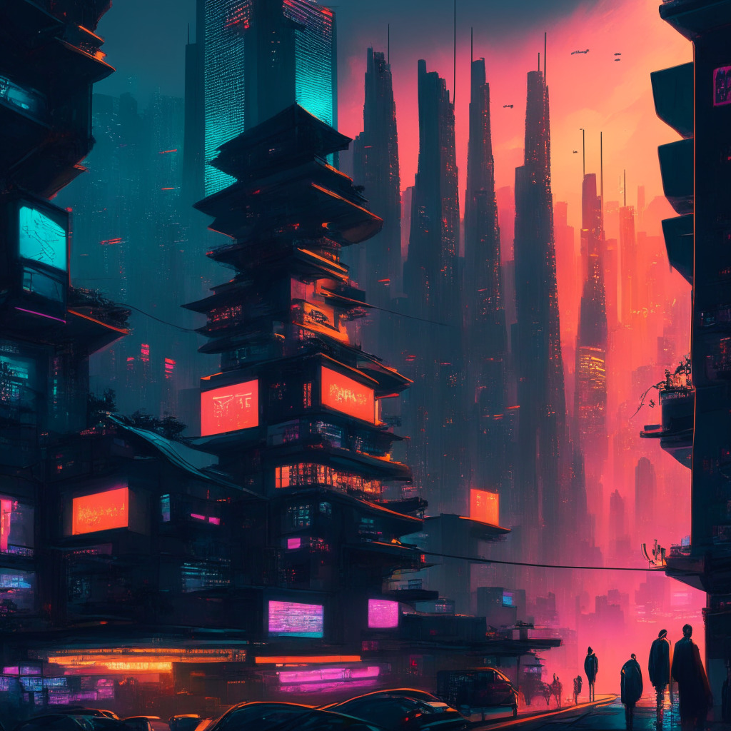A bustling Hong Kong cityscape at dusk, featuring futuristic digital finance buildings, residents confidently trading cryptocurrencies on licensed platforms, and a colorful, thriving Web3 ecosystem. Artistic style: cyberpunk. Warm, electric-hued lights cast a sense of optimism, balanced by subtle backlighting that evokes regulatory caution. Mood: cautiously hopeful, innovative.