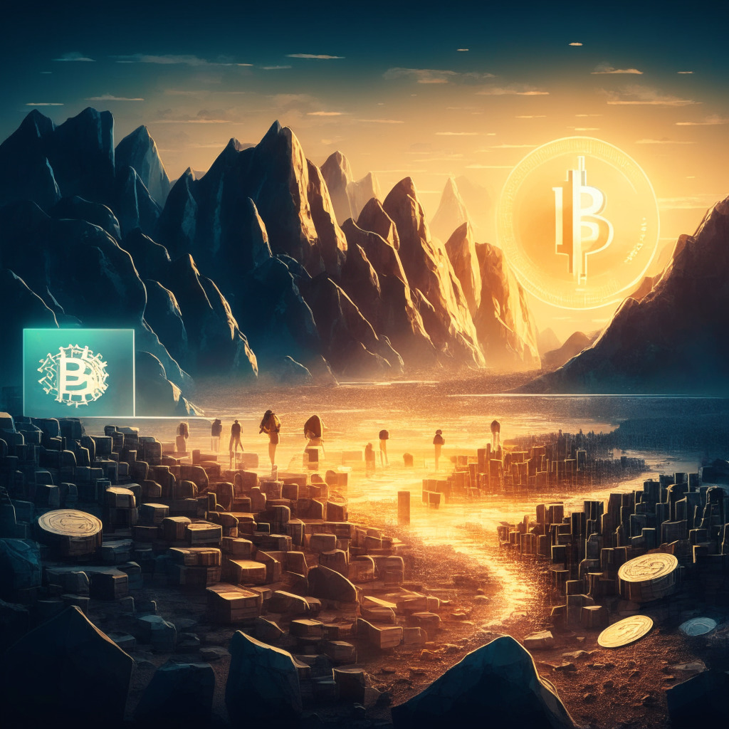 Cryptocurrency mining merger scene, evening light, 2 companies joining forces, institutional interest increasing, elements of growth and opportunities, subtle concern of legal roadblocks, digital assets as a financial component, a dynamic crypto landscape, cautiously optimistic mood.