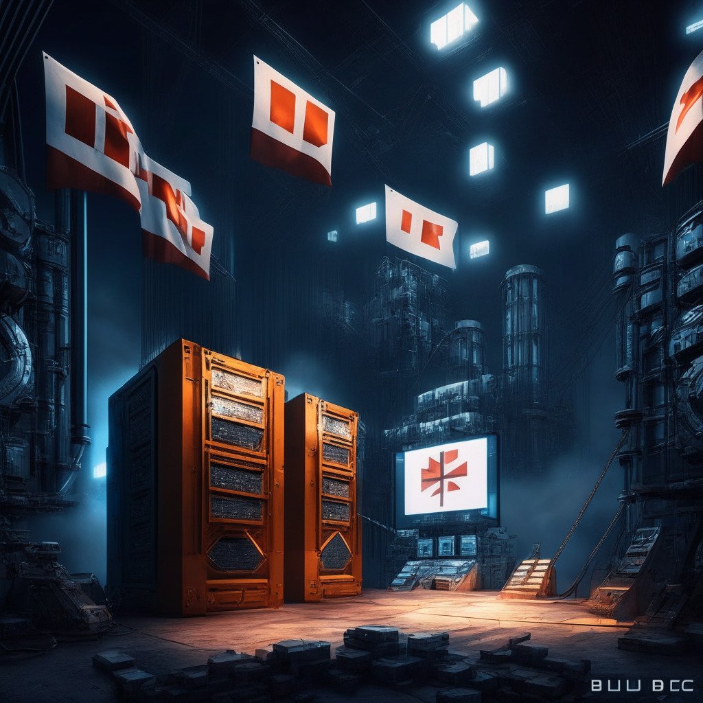 A futuristic mining facility with powerful computers in background, Bitcoin logo on equipment, Canadian & American flags merged, low-lit atmosphere with dramatic lighting, blend of Baroque & modern art style, securely-locked crypto treasure chest, hopeful & determined mood, showcasing growth & HODL strategy in crypto world (349/350 characters)