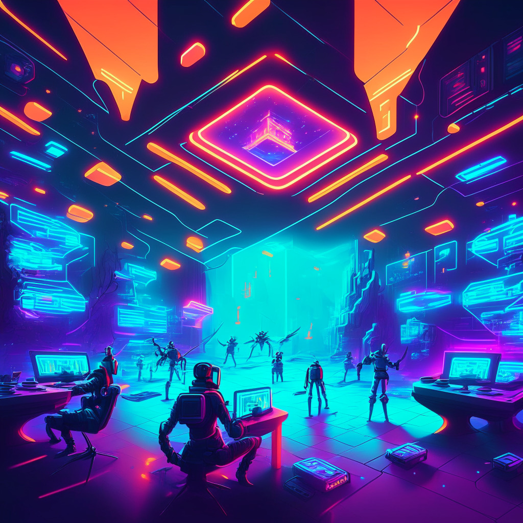 Futuristic Web3 gaming scene, warm glowing light from screens, players immersed in virtual reality, open developer-friendly environment, neon and retro-futuristic art style, intricate blockchain-infused gaming elements, authentic in-game asset ownership, a blend of optimism and caution, contrast between traditional revenue models and decentralized platforms.