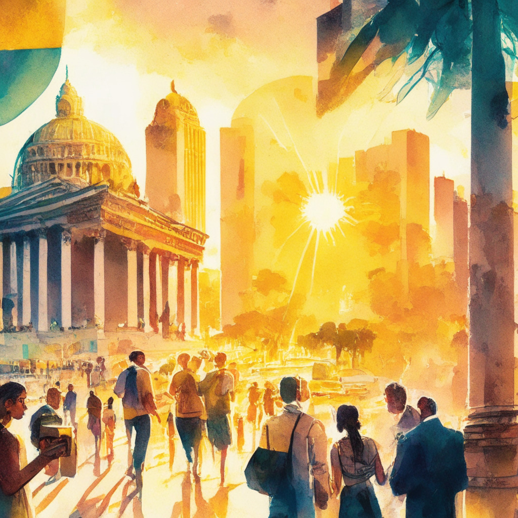 IMF's evolving perspective on crypto: a vibrant watercolor scene, Latin American cityscape at sunset, people engaging in digital transactions, warm golden light setting, touch of impressionism, a balanced atmosphere of optimism and caution, central bank building subtly visible, notes of growth, resilience, and financial inclusion.