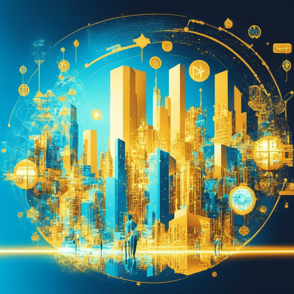 Intricate financial cityscape, futuristic design, various nations united, glowing CBDC symbols floating, soft golden and blue hues, diverse people in motion, sense of connectivity and collaboration, sleek digital devices, mood of anticipation and innovation, essence of financial transformation.