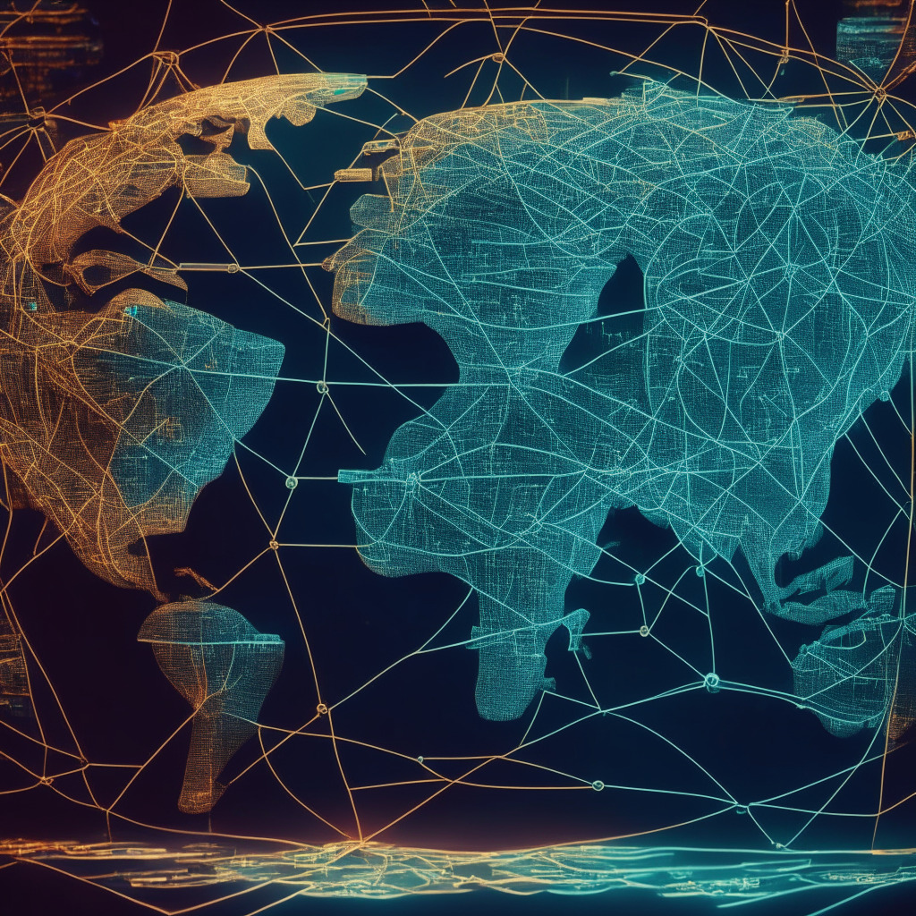 Futuristic global currency network, intricate web of connections, multiple digital currencies from central banks, low-lit ambiance, interconnected nodes, world map in the background, hints of Art Deco architectural gears, visionary atmosphere, subdued colors, reflecting regulatory uncertainty, harmonious cooperation among nations, innovative mood. (350 characters)