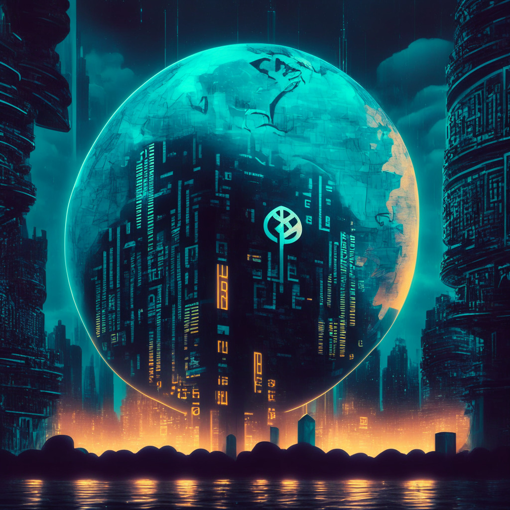 Gloomy futuristic cityscape, central bank building with digital currency symbols, Ripple's XRP as a glowing orb connecting continents and currency symbols, subtle blockchain pattern backdrop, cool color palette, illuminated world map, touch of cyberpunk aesthetic, mood of uncertainty and anticipation.