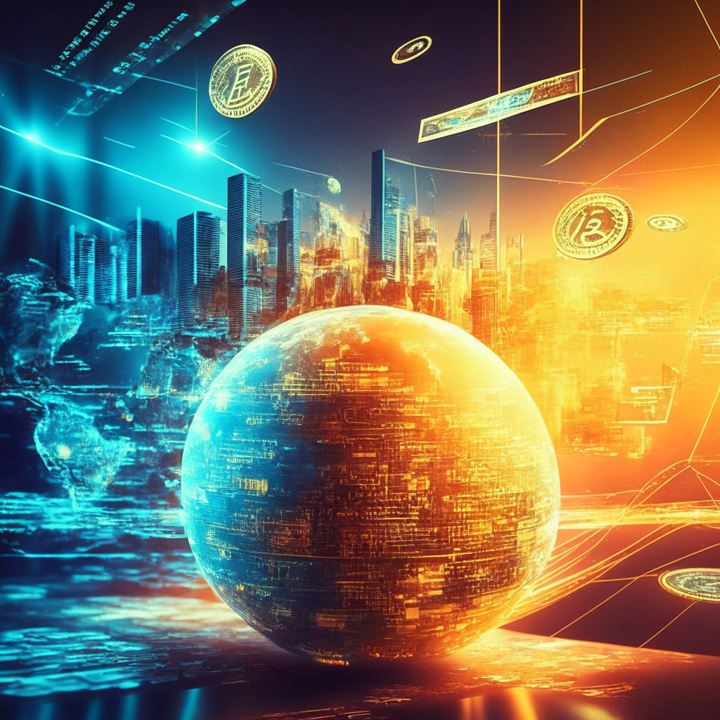 Futuristic financial world, multiple fiat currencies converging into digital representations, CBDC system, secure global ledger, holographic settlement layer, programmable contracts, information management, vibrant transaction stream, confidential swaps, golden hour lighting, tranquil energy, innovative solutions, digital age ambience.