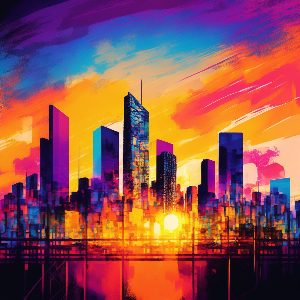 Revolutionary cross-border payment platform, single ledger recording CBDC transactions, sunset over international skyline, vibrant colors reflecting technological innovation, lively mood showcasing economic potential, hints of shadows symbolizing privacy concerns, impressionist style capturing mixed emotions.