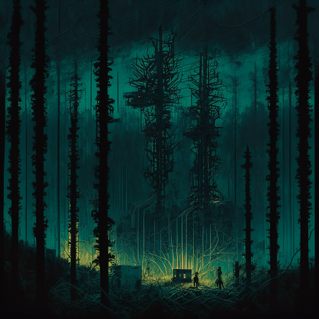 Intricate Ukrainian forest scene, secretive crypto mining farm, dimly lit, chiaroscuro style, tension in the air, shadowy figures running the operation, nearby power grid, energy overload, contrast of nature's serenity and technology corruption, cautionary vibe, muted colors.