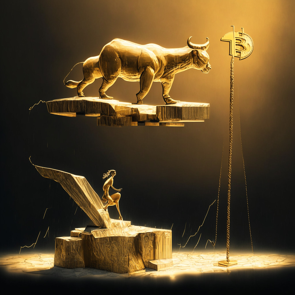 A large, golden Bitcoin standing firm against a turbulent, stormy market backdrop. Contrasting strands of delicate light representing bullish and bearish influences, casting long shadows and glimmers of hope. Artistic renderings of traders, both optimistic and cautious, teetering on a seesaw balancing on $30,000, signifying potential gains or losses. Determined, suspenseful mood.