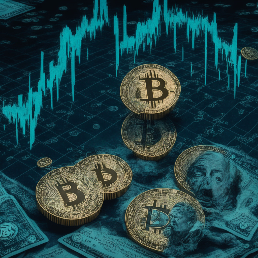 Cryptocurrency market turmoil, $173B Treasury bills auction, drained dollar liquidity, recession risk looming, heightened volatility, rising Treasury yields, artistic chiaroscuro style, tense atmosphere, shadowed Bitcoin and Ethereum symbols, strong U.S. Dollar pressure, all eyes on the U.S. Federal Reserve, June 14 decision pending, uncertain long-term outcome.