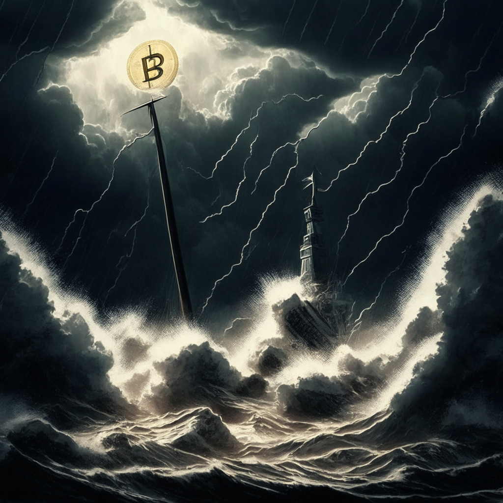 Cryptocurrency chaos, SEC lawsuits' aftermath, distressed tokens on stormy seas, gloomy atmosphere, Beacon of Bitcoin and Ether standing strong, volatility subdued in shadows, thoughtful traders seizing opportunity, questioning the validity of the crackdown, market whirlwind in a chiaroscuro battle.