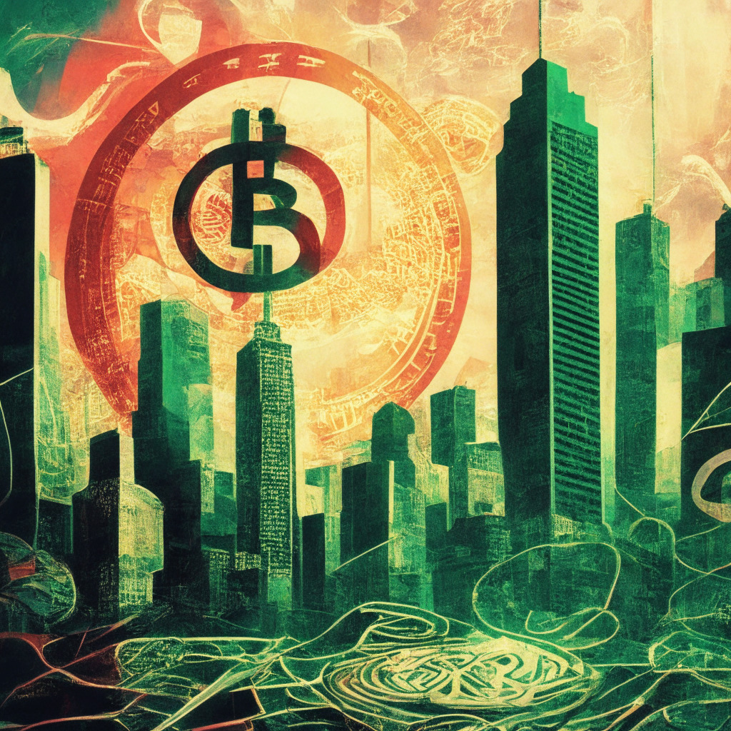 Intricate cityscape with intertwined dollar, bitcoin symbols, swirling uncertainty cloud, FOMC meeting in background, evening light casting long shadows, financial district atmosphere, mix of optimism & caution, abstract expressionist style, hues of green & red symbolizing market volatility, tense mood.