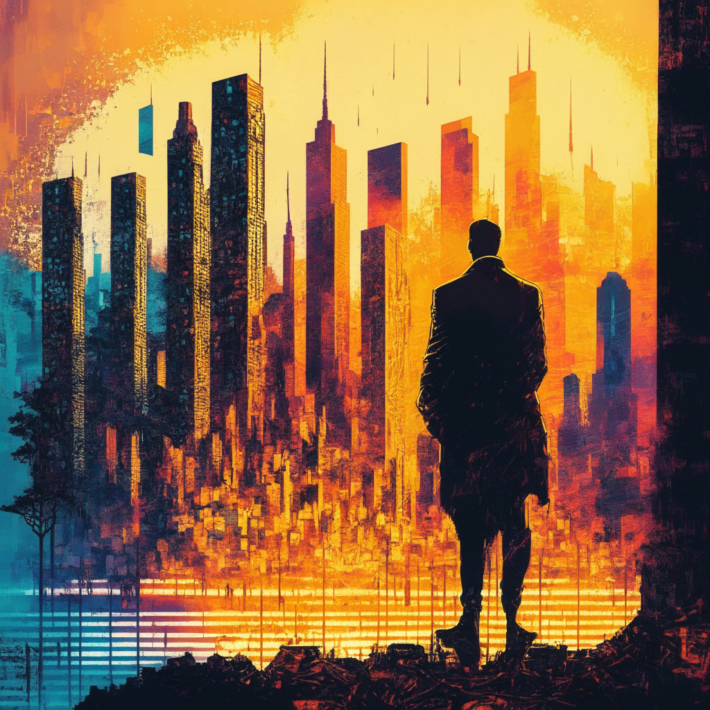 Intricate city skyline at dusk, abstract finance themed graffiti, multitude of warm colors on cool background, intense light shining on a powerful figure contemplating the future, subtle representations of Bitcoin and dollar symbols, contrast between progress and recession, looming sense of uncertainty.