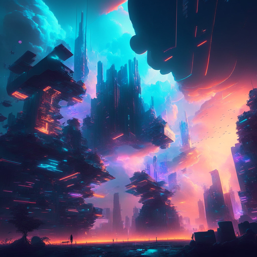 Futuristic metaverse landscape, dazzling lights, digital assets, various interconnected online worlds, creators experimenting with tools, cyberpunk artistic style, soft holographic glows, bustling virtual economy, lively atmosphere, sunlight breaking through a dynamic network of digital clouds.