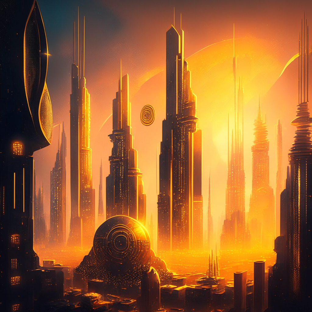 Intricate crypto city with futuristic architecture, gleaming golden coins, dazzling NFT marketplace, luminous sunset hues, high contrast, dynamic skyscrapers, radiant ETH symbol in the sky, hopeful vibes, serene ambience, emerging QUBE tokens, empowering community, stylish cyberpunk aesthetic, lively motion, bold predictions materializing, innovative spirit.