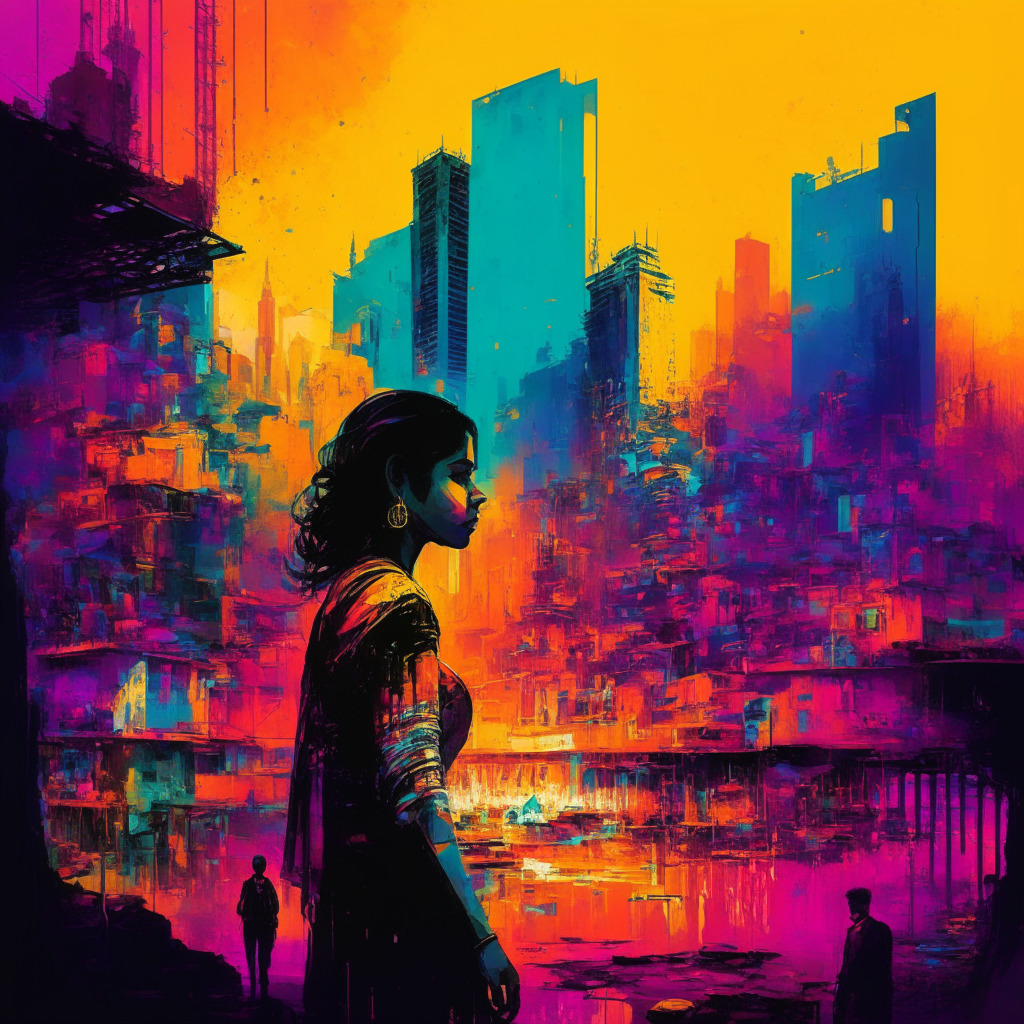 Intricate Indian AI startup scene, vibrant colors, diverse entrepreneurs working on AI projects, underdog spirit, determined expressions, light from innovation glowing, cityscape backdrop, artistic strokes representing resilience, innovation emerging from limited resources, moody yet hopeful ambiance.