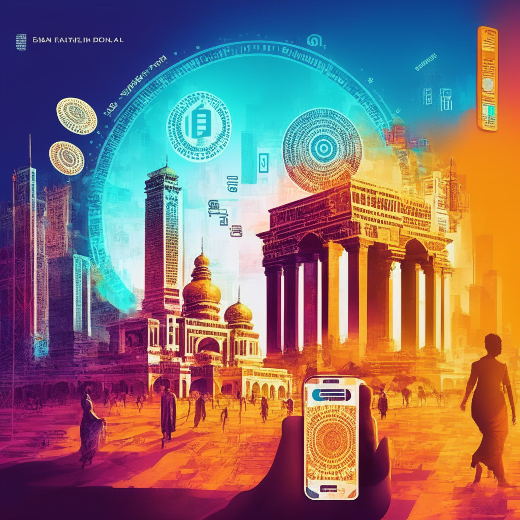 Digital Rupee concept, Indian city skylines, diverse population, QR codes, mobile banking, CBDC integration, shining coins, glowing connections, warm light, sense of progress, fast transactions, privacy concerns, artistic blend of modern & traditional, dynamic mood, vibrant colors, 350 characters