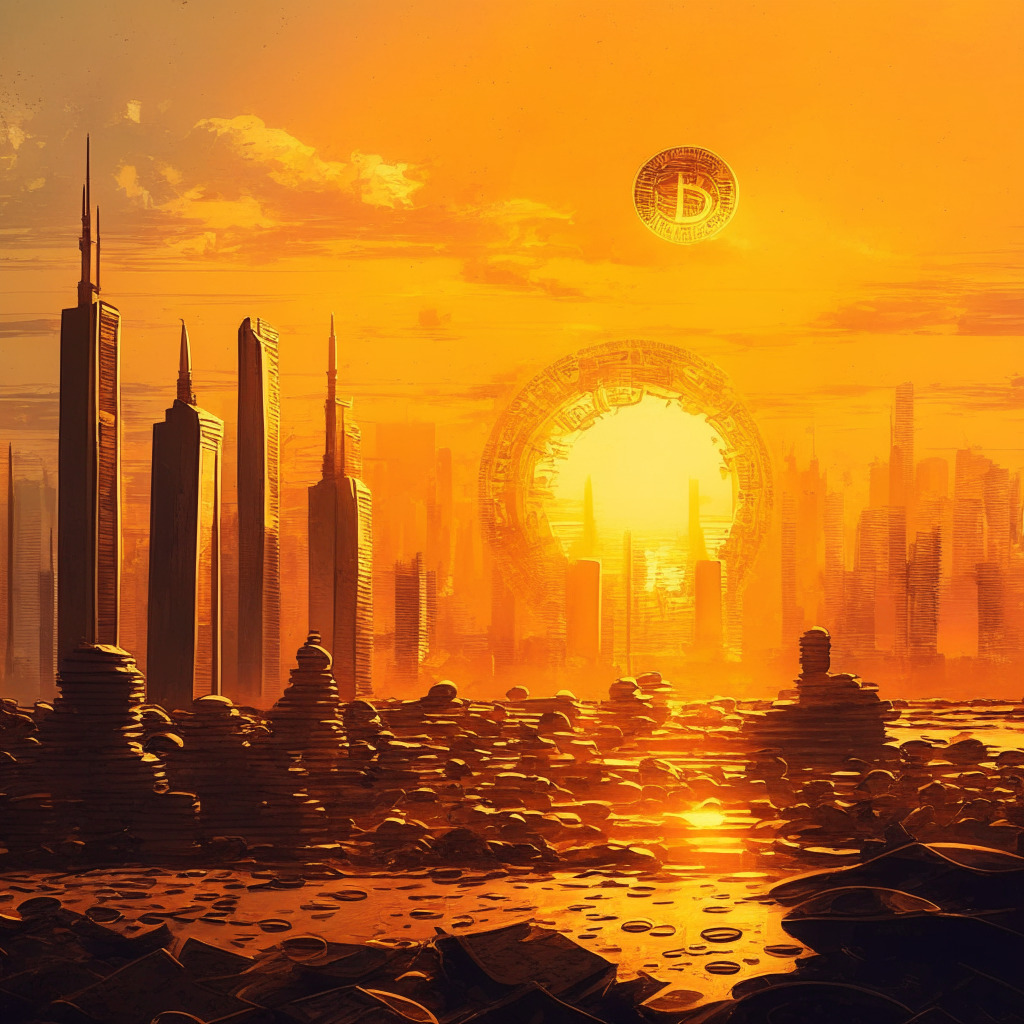 Sunset over Indonesian skyline, crypto coins (BTC, SOL, ADA, MANA) scattered around, mixture of impressionism and futurism, warm golden light casting long shadows, tension between tax revenue and quality control, dynamic and thought-provoking atmosphere.